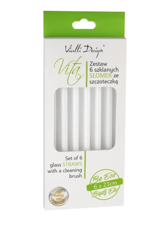 Słomki szklane białe zakrzywione 23cm zestaw 6 sztuk ze szczoteczką Vialli Design